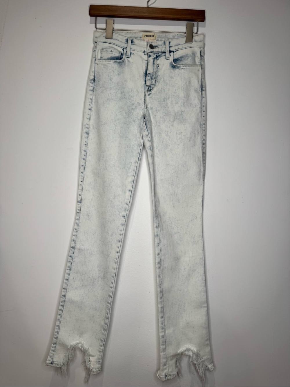 L’AGENCE High Waist Slim Harmon Jeans Electra Acid Wash Distressed Raw Hem 25